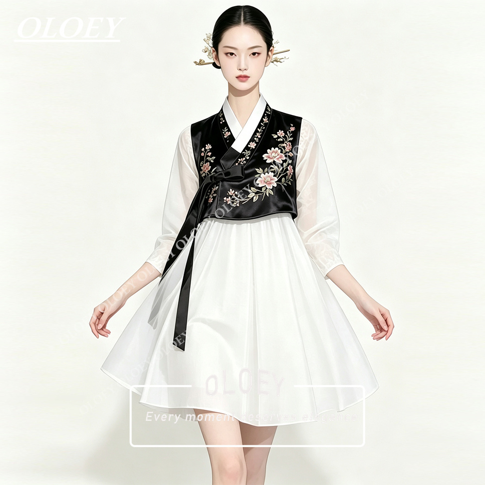 Hanbok Modern Set - OLOEY Stylish Black Satin Ivory Chiffoon