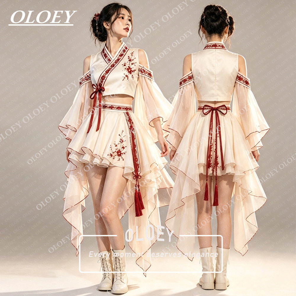 Hanbok Modern Set - OLOEY Modern Red Embroidery Ivory Short