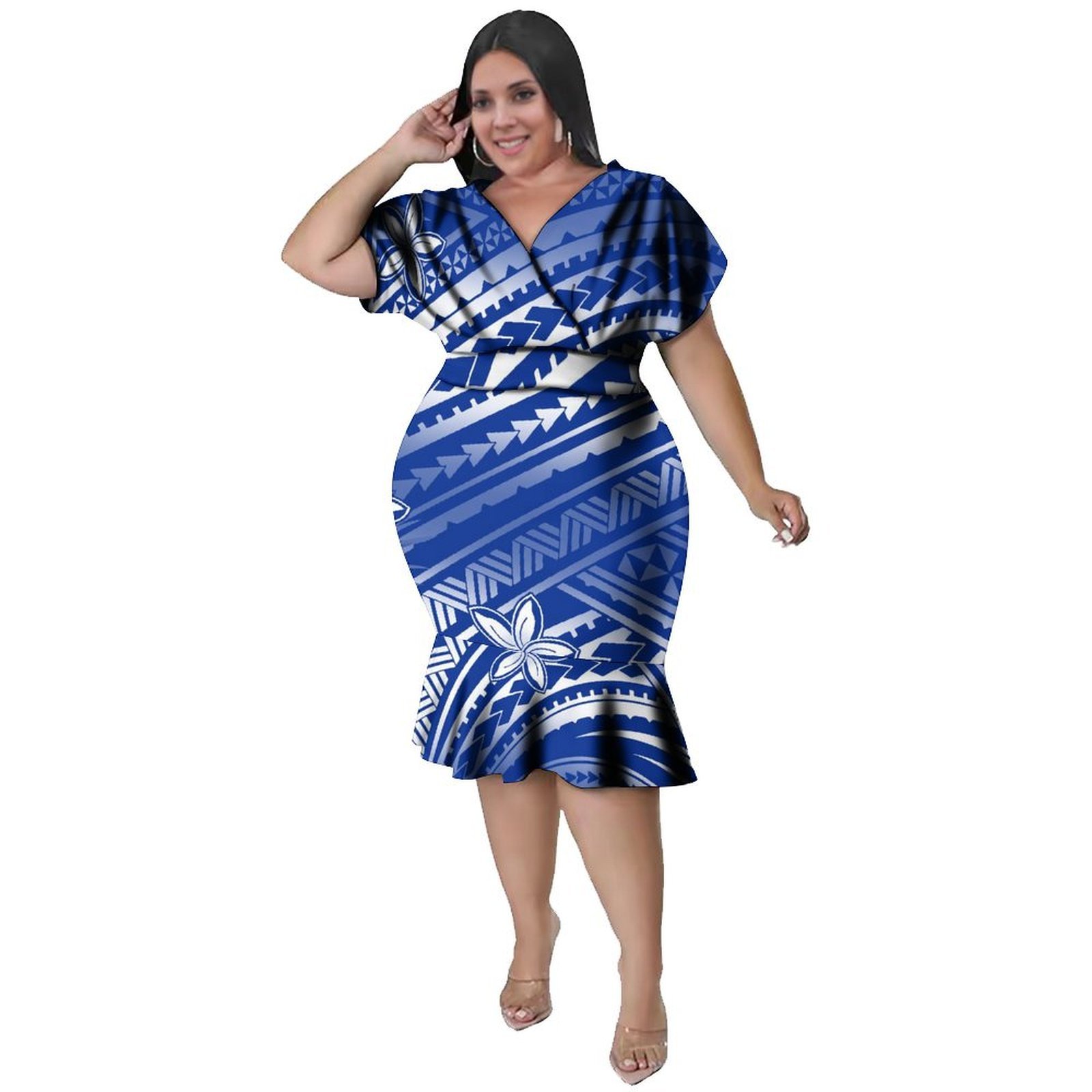 Ethnic Style Dresses - V-Neckline Women'S Polynesian Style Knee-Length Full-Skirted