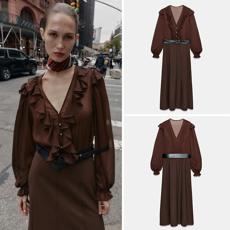 Elegant V-Neck Long Sleeve Mid - Ethnic Fashion Dress 评论和价格